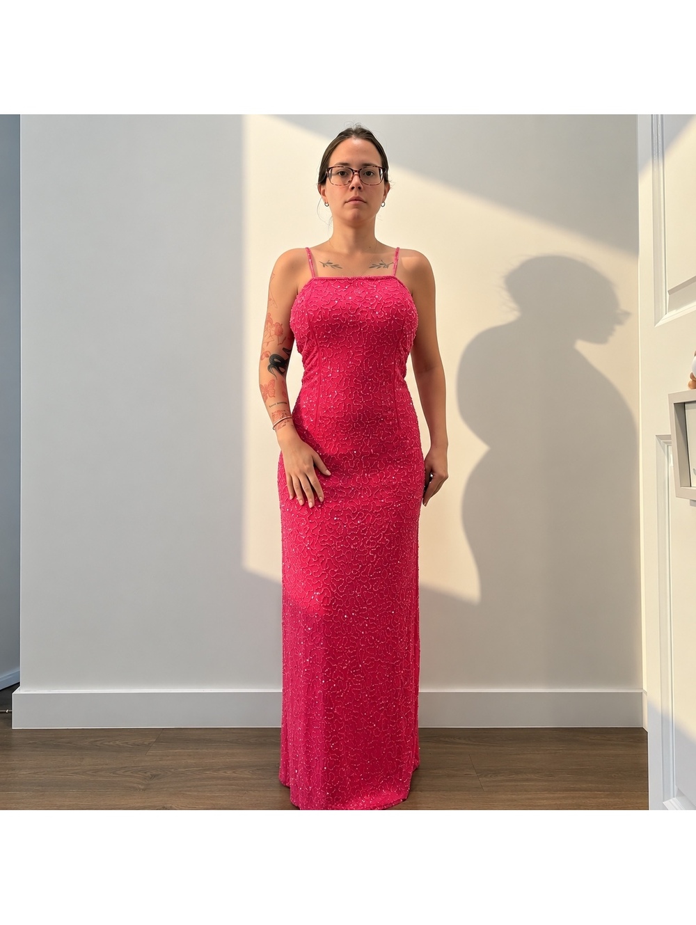 Y2K pink silk beaded maxi dress